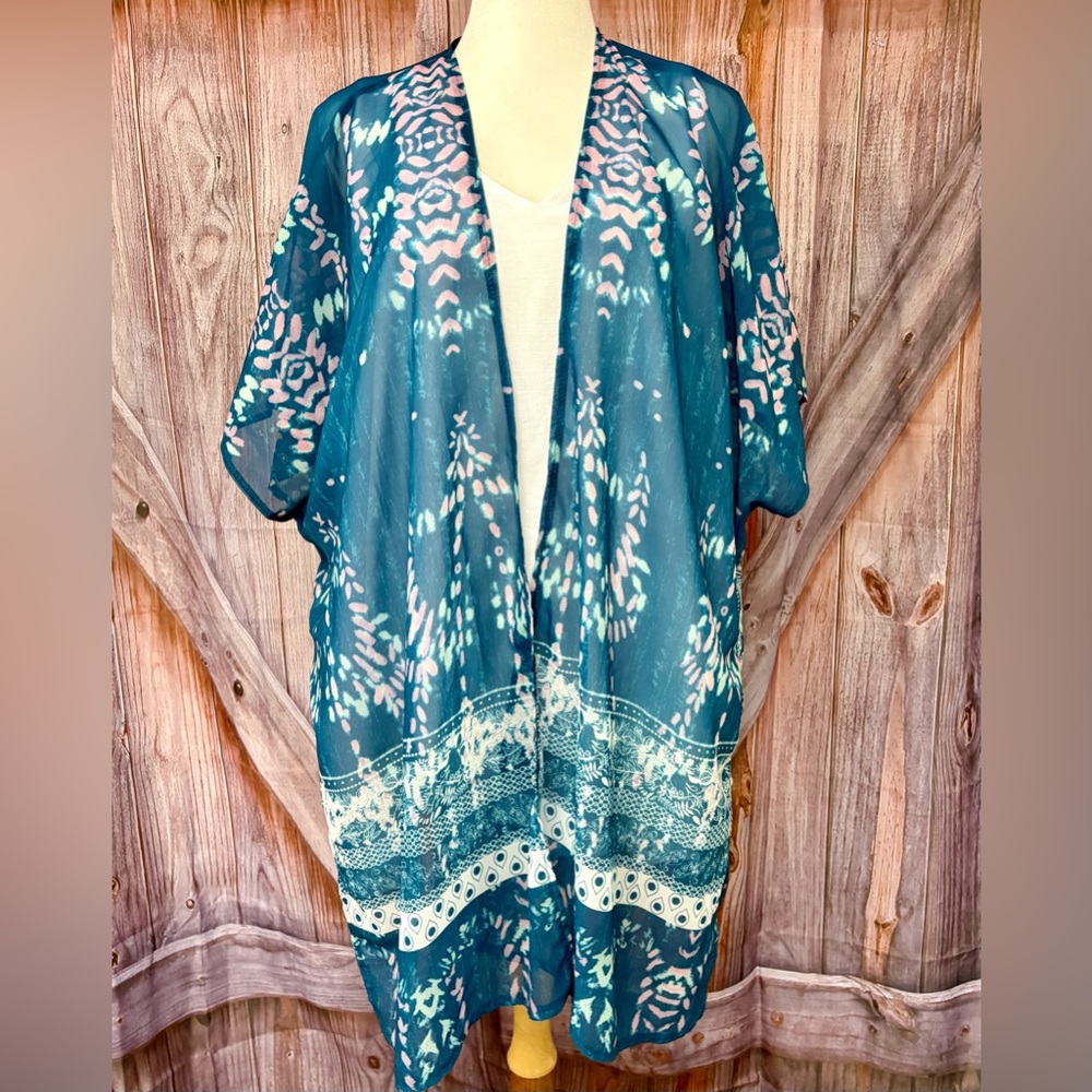 Lane Bryant 2 pc outfit- linen layered tank with teal and pink Kimono